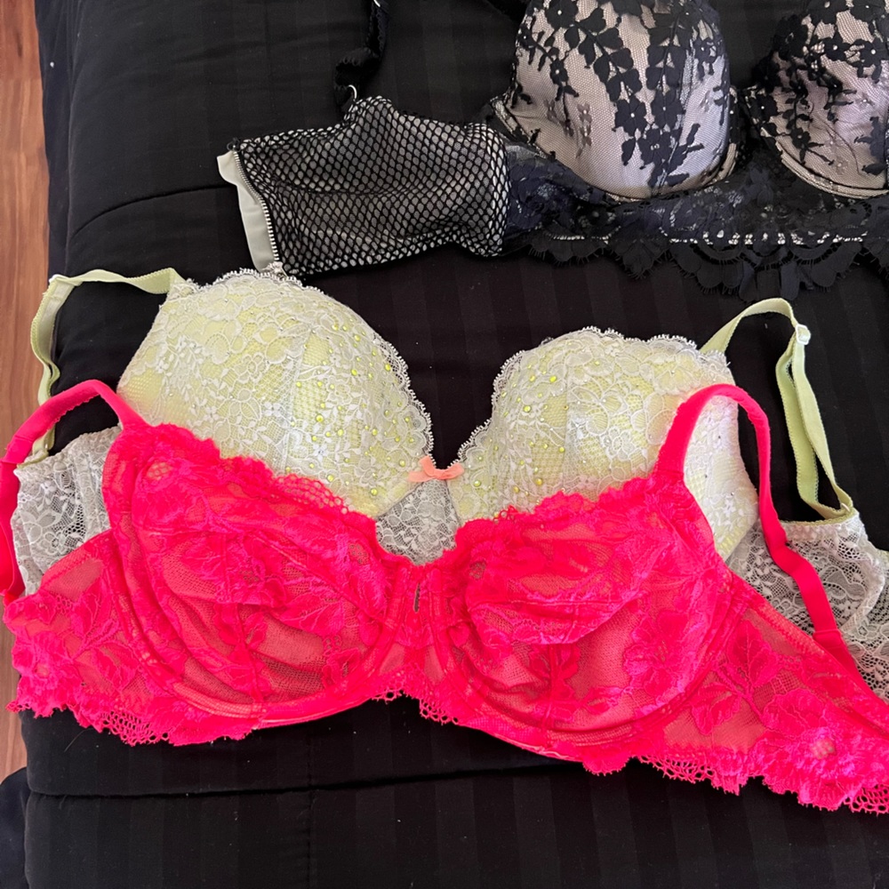 (3) Victorias Secret Bras size 34DD & Garter Belt size XS & Stockings